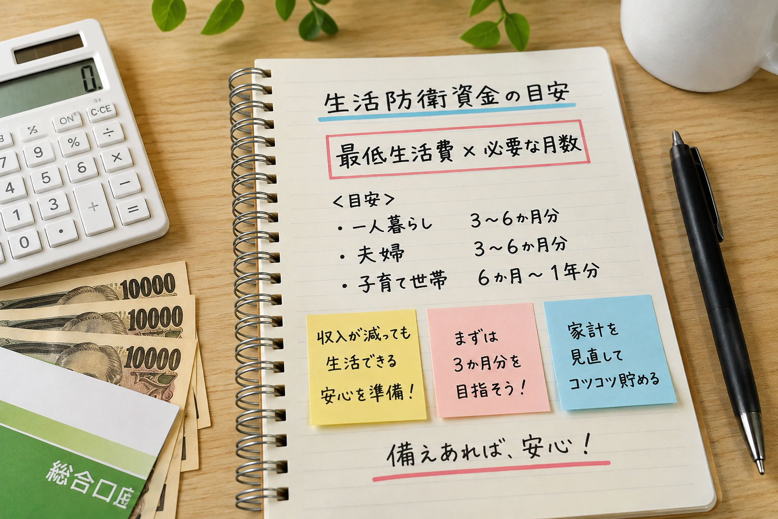 一人暮らし・夫婦・子育て世帯別に生活防衛資金の目安と貯金額を解説するイメージ